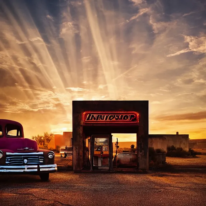 Image similar to a sunset light landscape with historical route 6 6, lots of sparkling details and sun ray ’ s, blinding backlight, smoke, volumetric lighting, colorful, octane, 3 5 mm, abandoned gas station, old rusty pickup - truck, beautiful epic colored reflections, very colorful heavenly, softlight