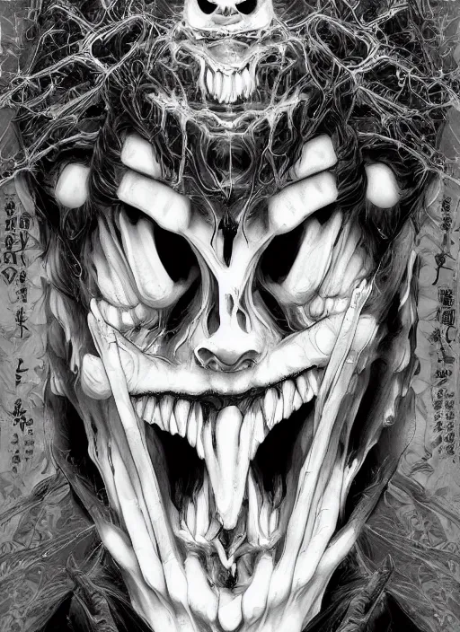 Image similar to digital _ painting _ of _ shinigami japanese horror black and white _ by _ filipe _ pagliuso _ and _ justin _ gerard _ symmetric _ fantasy _ highly _ detailed _ realistic _ intricate _ port