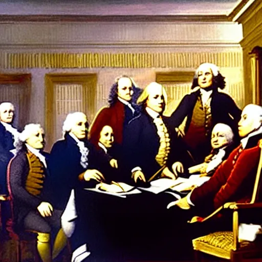 Image similar to film still of Danny Devito interrupting the signing of the declaration of independence and everyone is upset