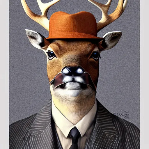 Image similar to a upper body portrait of a deer in a pinstriped suit and pants wearing a fedora with the antlers sticking out of the fedora by artgerm and wlop, intricate detail, digital art, photorealistic, trending on artstation