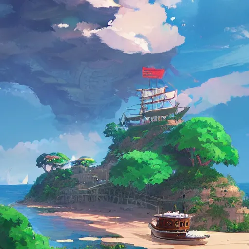 Prompt: Landscape of Pirates island and a pirate boat by Makoto Shinkai and James gilleard Eiichirō Oda