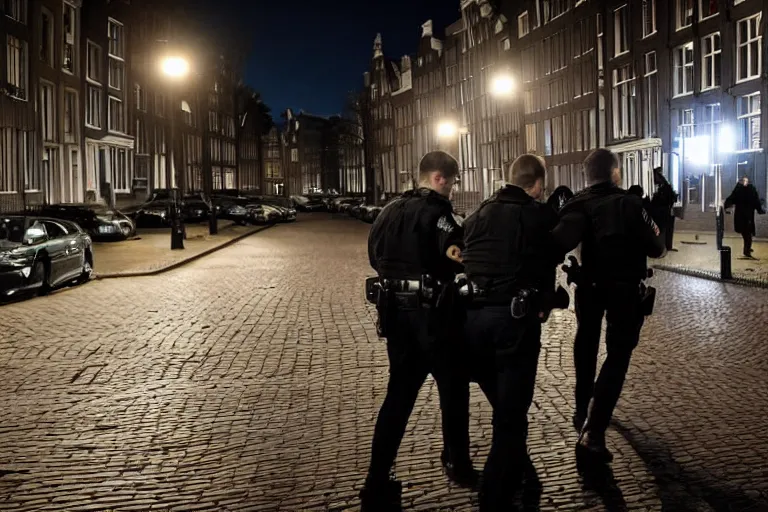 Prompt: photography of a hacker being arrested in amsterdam at night