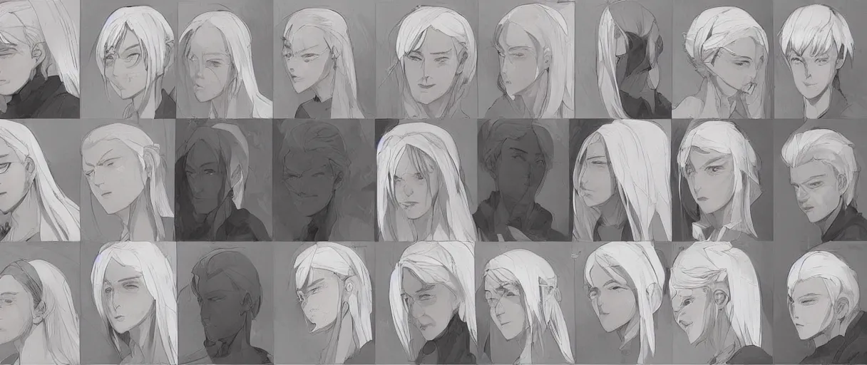 Image similar to character face study, multiple angles, directions and moods. faces only, girl with white hair, concept art finely detailed perfect art, painted by greg rutkowski makoto shinkai takashi takeuchi studio ghibli, pinterest, cevagraf comics