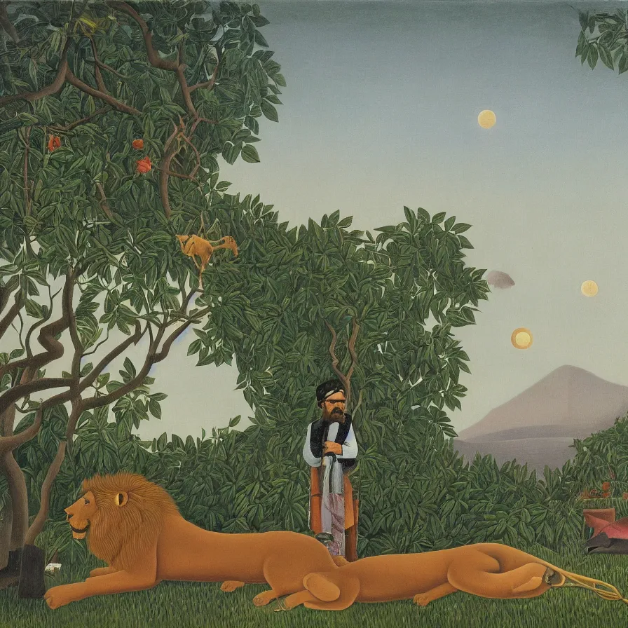 Prompt: in the style of henri rousseau, a lion standing behind a sleeping man dressed in a stripe rope. In the background is a mountain range. It is night and a full moon can be see on the right hand side. a Mandolin is laying in front of the sleeping man