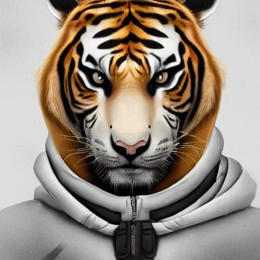 Image similar to a beautfiul award winning aesthetic commission of an antrho albino tiger wearing a black padded hooded puffer jacket,golden cahin around the neck,digital art,art by artgerm,character design by charles bowater,ross tran,photorealistic,detailed face,hyperdetailed,western comic,2021,artstation,deviantart