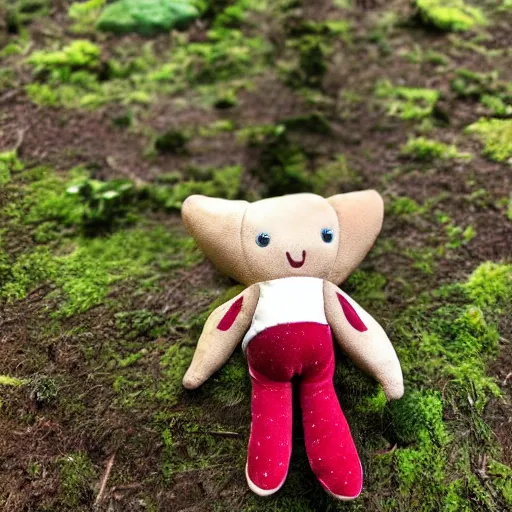 Image similar to a happy dear plush doll with forest background