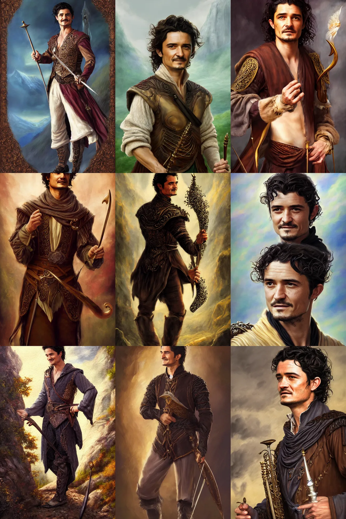 Image similar to a full body high detail fantasy portrait oil painting illustration of orlando bloom as an elegant male bard by justin sweet with face and body clearly visible, in a scenic background, striking eyes, realistic proportions, d & d, rpg, forgotten realms, artstation trending, high quality, sombre mood, artstation trending, muted colours, entire person visible!