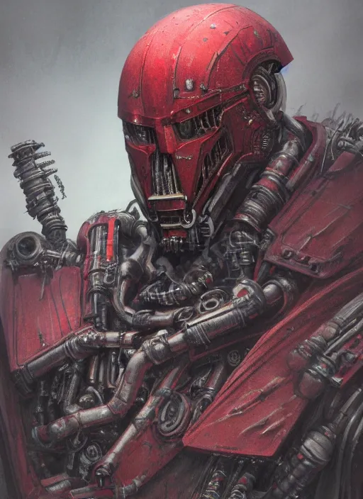 Image similar to portrait of human head adeptus mechanicus in red hood and robe from Warhammer 40000. Highly detailed, artstation, illustration by and John Blanche and zdislav beksinski and wayne barlowe