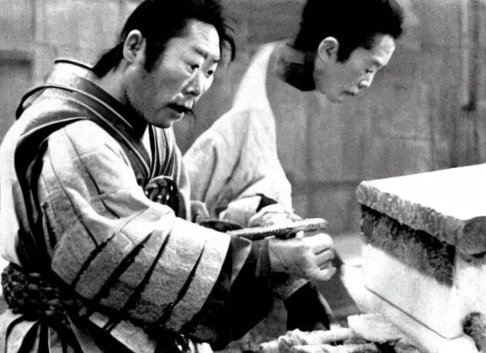 Image similar to a movie still of a samurai slicing a loaf of bread, a movie by Akira Kurosawa