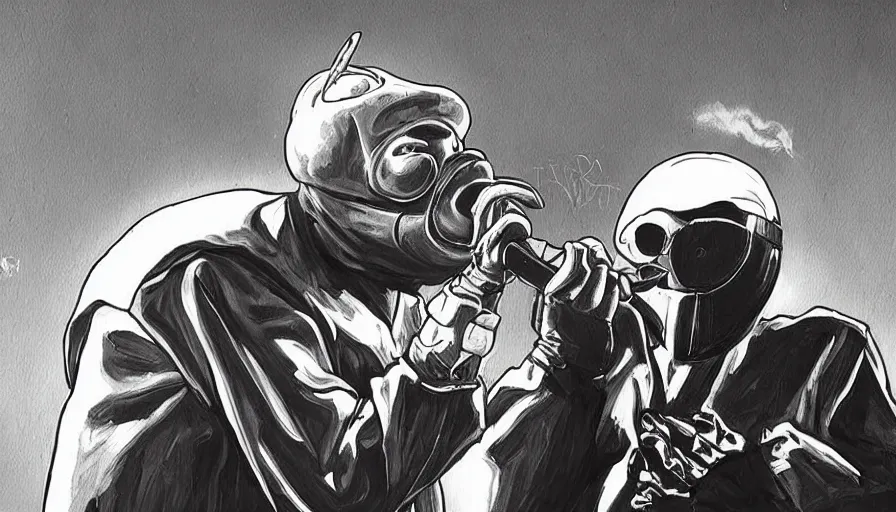 Image similar to beautiful lifelike painting of mf doom performing with the teletubbies, hyperreal detailed facial features and uv lighting, art by ed roth and basil wolverton