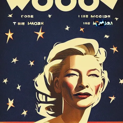 Image similar to propaganda poster for colonizing the moon with cate blanchett, by bonesetell