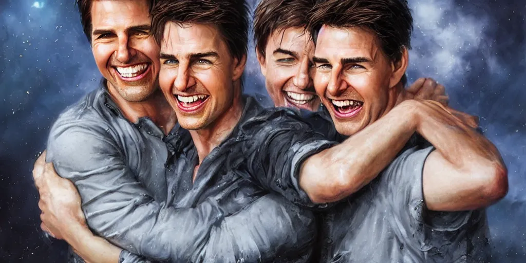 Image similar to hyper realistic tom cruise hugging tom cruise, hugging tom cruise, all overly excited, jaw unhinged with laughter and smiling, all teeth, kinda disturbing but really funny by greg rutkowski, scott m fischer, artgerm, loish, slight glow, atmospheric, anne stokes, alexandros pyromallis