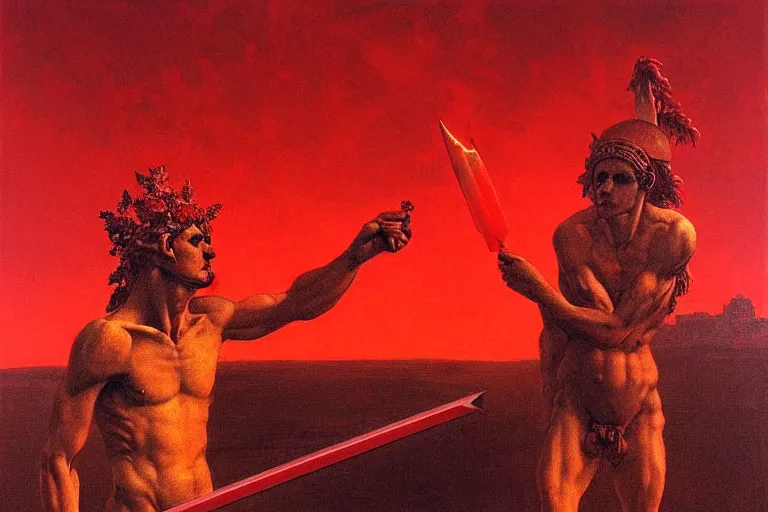 Image similar to only with red, a red melted apollo with a laurel wreath and a flaming sword announce the win, atene in the background, in the style of beksinski, part by hopper, part by rodcenko, part by hofbauer, intricate composition, red by caravaggio, insanely quality, highly detailed, masterpiece, red light, artstation