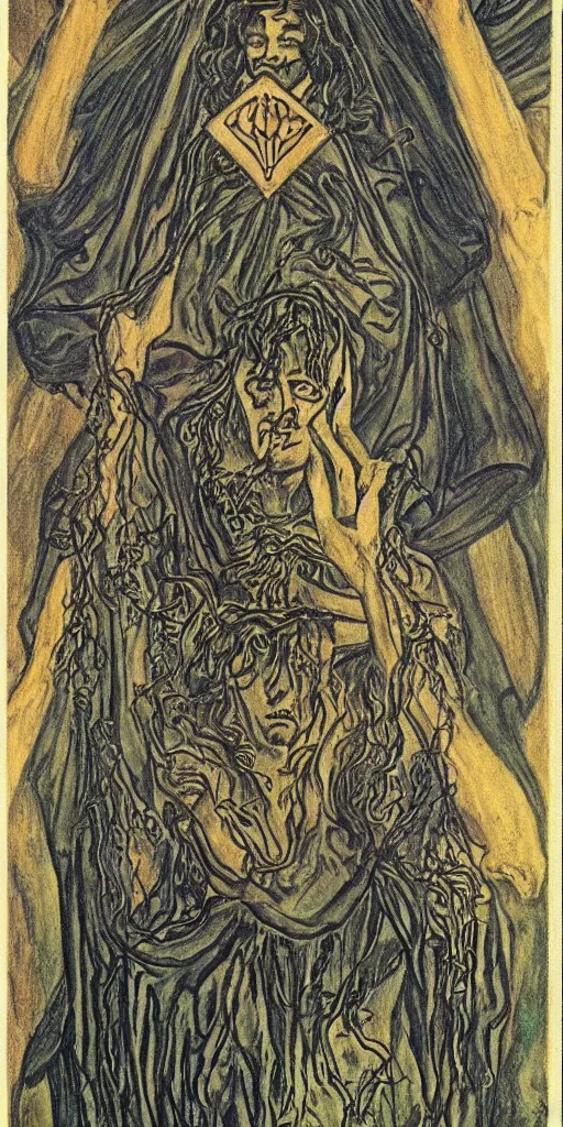 Image similar to the ace of wands tarot card by austin osman spare