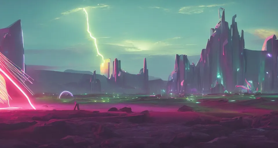 Prompt: Landscape with GIANT neon lightning bolt striking a futuristic castle, center composition, cinematic, rendered by simon stålenhag, rendered by Beeple, Makoto Shinkai, syd meade, environment concept, digital art, starwars, unreal engine, 3 point perspective, WLOP, trending on artstation, low level, 4K UHD image, octane render,