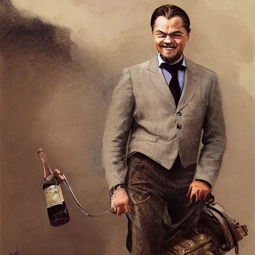 Image similar to leonardo dicaprio from django laughing and holding a sherry, highly detailed, intricate, digital painting, artstation, sharp focus, illustration, art by jakub rozalski, greg rutkowski, artgerm, tan zi and ayanamikodon and alphonse mucha and wlop