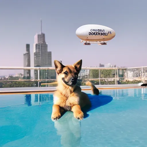 Image similar to a swanky gsd puppy relaxing at the pool on a penthouse rooftop with a futuristic blimp anchor in the background, 8K, 4K, UE5, Octane, RTX, Ray Tracing, Bokeh, happeening