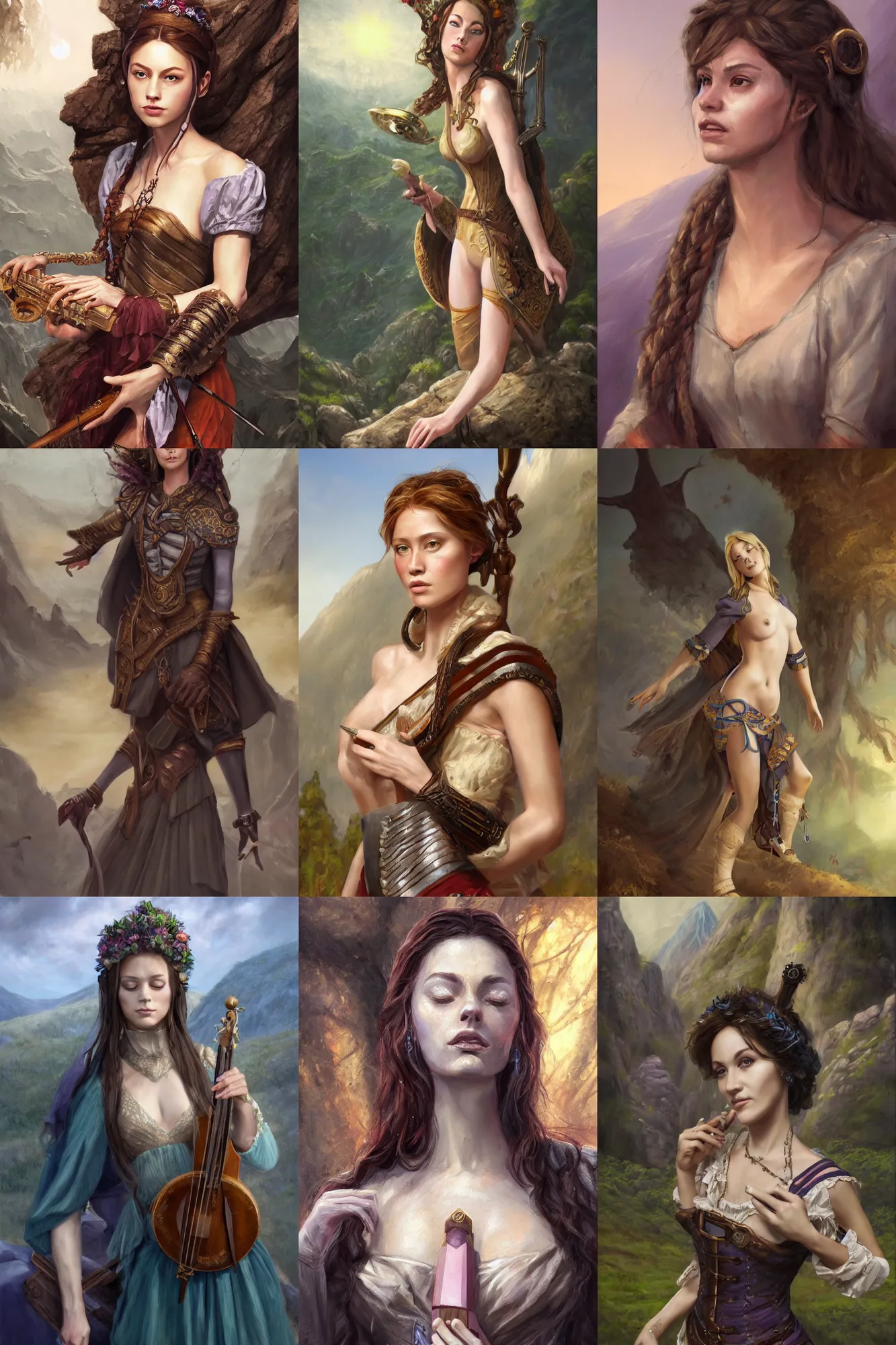 Prompt: a full body high detail fantasy portrait oil painting illustration of a single beautiful sophisticated bard woman by justin sweet with face and body clearly visible, in a scenic background, pupils visible, realistic proportions, d & d, rpg, forgotten realms, artstation trending, high quality, sombre mood, artstation trending, muted colours, entire person visible!