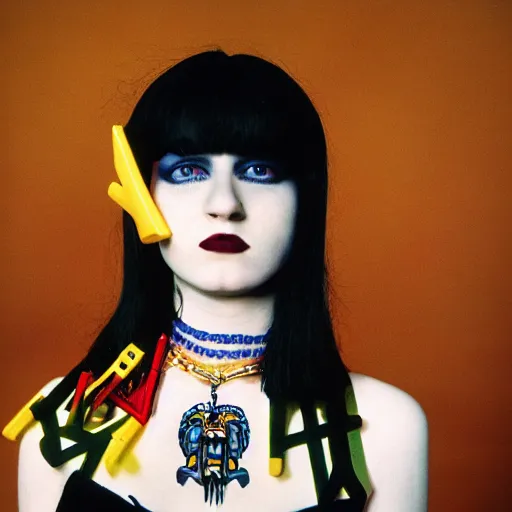 Prompt: close-up, color slide, Kodak Ektachrome E100, studio photographic portrait of a young pale, Goth, Attractive girl, wears ankh necklace, Death, Comic book character, member of the Endless, Nikon camera, 75mm lens, f/2.8 aperture, HD, fashion, editorial, casual, realistic, punk, people, detail, Bokeh, saturated color, masterpiece image, shutterstock, Curated Collections, Sony World Photography Awards, Pinterest, by Annie Leibovitz