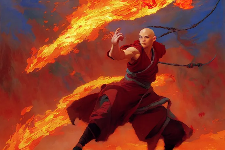 Prompt: firebender, fire nation, action, avatar the last airbender, vibrant colors and hard shadows and strong rim light, painting by gaston bussiere, craig mullins, j. c. leyendecker