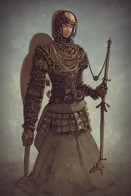 Image similar to beautiful calm bright ai generated fullbody character illustration of a medieval timetraveller highpriest in ornated wooden armor and decorated sacred outfit and heavily equipped with steampunk cyberwares. rendered by machine.delusions. inspired by: @machine.delusions on instagram. Slightly reminds to ghibli studio style. Fullbody portrait uncut centered cinematic, dramatic pose