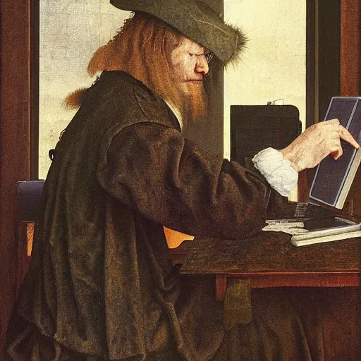 Image similar to angry scottish man at computer, detailed, ray tracing, 4 k, by albrecht durer