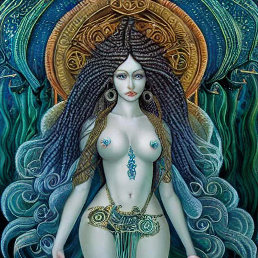 Prompt: intricate details, hyper detailed, mystic alchemical occult art, sumerian goddess inanna ishtar, ashteroth, techno mystic goddess princess intergalactica, with aqua neon rapunzel dreadlocks, detailed, wearing seashell attire, crystal pathway to atlantis floating on the sea, by sandro botticelli