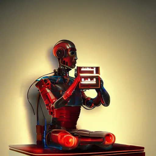Image similar to cyborg in red room sitting Infront gramophone, concept art high quality image, denoise