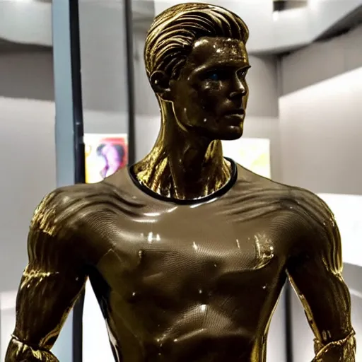 Image similar to a realistic detailed photo of a guy who is an attractive humanoid who is half robot and half humanoid, who is a male android, soccer players martin ødegaard, shiny skin, posing like a statue, blank stare, in a museum, on display, showing off his muscles, gold soccer shorts, no jersey, ground view, ceramic statue