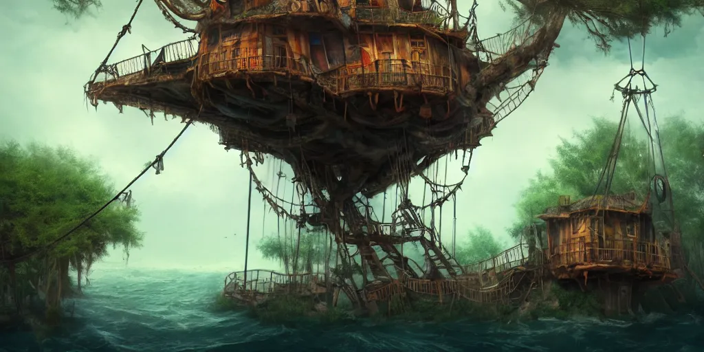 Prompt: A treehouse made out of a derelict pirate ship, torn sails, cargo net, crows nest, the treetops of giant oaks, game art matte painting hyperdetailed, artstation, cgsociety, 8k, surreal dream landscape