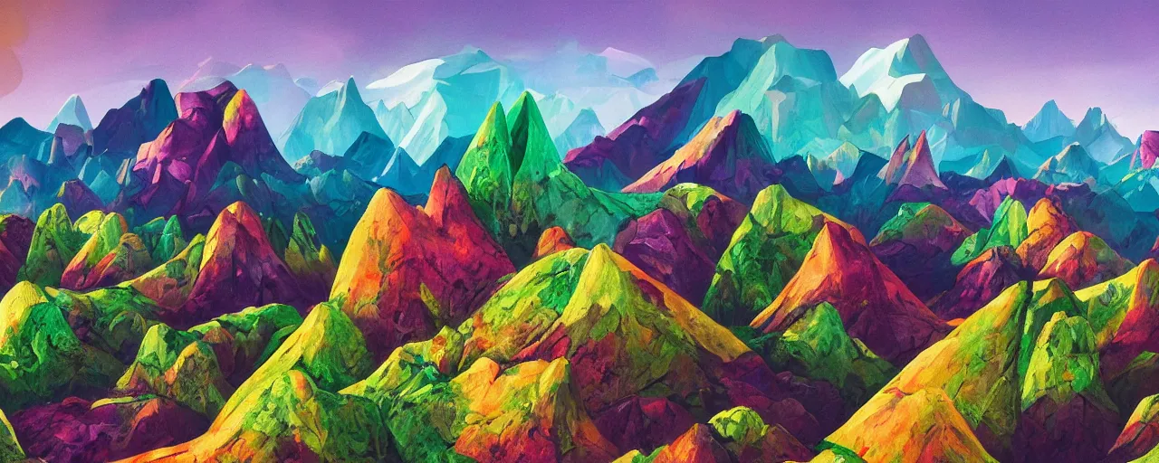 Image similar to An alien landscape with mountains made of gems, and strangely shaped trees and plants, bold complementary colours, 2D matte, photorealism, detailed, intricate,