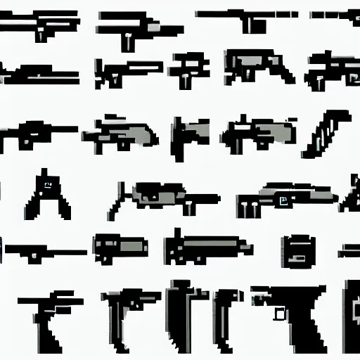 Prompt: pixel art gun icons