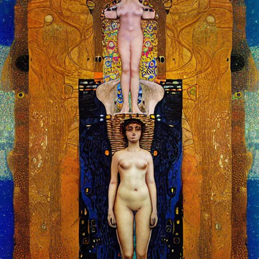 Image similar to portrait of a surreal goddess floating in front of a futuristic ancient Atlantis, painting by Gustav Klimt and Greg Rutkowski