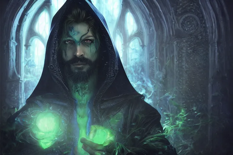 Prompt: ultrarealistic cursed male mage face portrait fighting, long black hair blue eyes wearing leather mantle gothic navy cloak with leather details, green plants, octane render, extreme intricate details, elegant, cinematic lighting, highly detailed, artstation, dnd fantasy character art, cgsociety, sharp focus, beautiful digital painting by artgerm, gerald brom, wlop, alphonse mucha