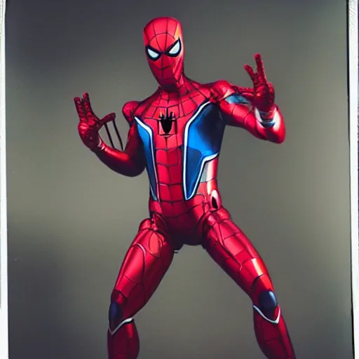 Image similar to a single iron man and spider - man hybrid, dslr, polaroid