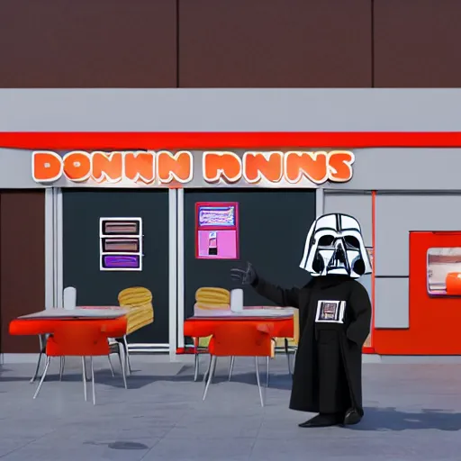 Image similar to darth vador working at dunkin donuts , 8k cinematic lighting, very sharp detail, anatomically correct