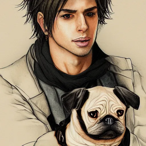 Prompt: self portrait, young white hispanic handsome man with short light brown hair and light skin and a 5 o clock shadow, holding a pug for a picture, pencil art, added detail, high definiton, colored, backfacing, illustrated by yoji shinkawa