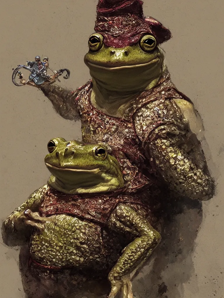 Prompt: Portrait of a medieval humanoid frog dressed in rich clothes and carrying magic trinkets, painted by Craig Mullins, trending on ArtStation