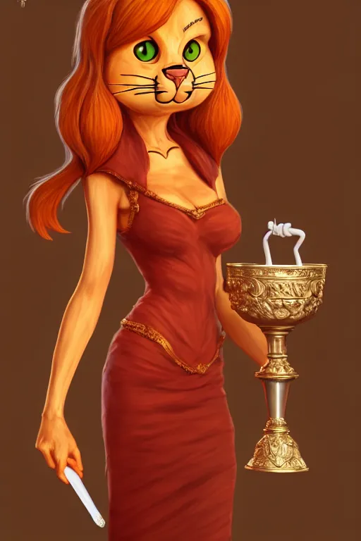 Image similar to fullbody!! personification of garfield the cat garfield goddess holding a blood chalice, stunning, garfield cat face, hyperrealistic, trending on artstation, smooth and sharp, intricate, highly detailed, elegant, professional character concept art by tatyana kupriyanova