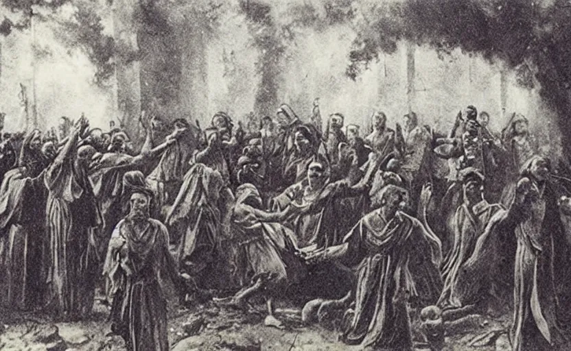 Image similar to old photograph of a ritual by an ancient cult