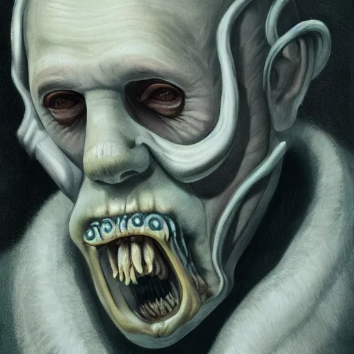 Image similar to eerie portrait of creepy pale old man with fish like facial features and gilles in his neck, painted, fish man, tentacles, trending on art station, love craftian, dark lighting