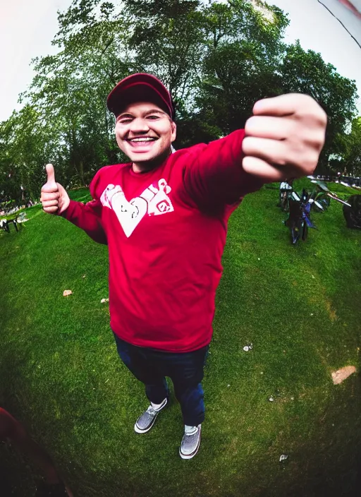 Prompt: photo of a person smiling and giving a thums up out doors. fisheye lens