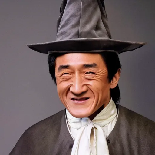 Image similar to old Jackie Chan as Dumbledore with a long grey bird