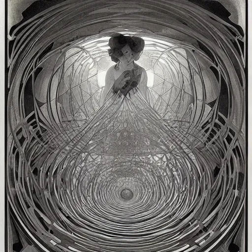 Image similar to crystal labyrinth beyond possibility of imagining, inhabited on many levels by Maurits Cornelis Escher, shining light, clear geometry, atmospheric, Award winning. Masterpiece, detailed illustration, alphonse mucha