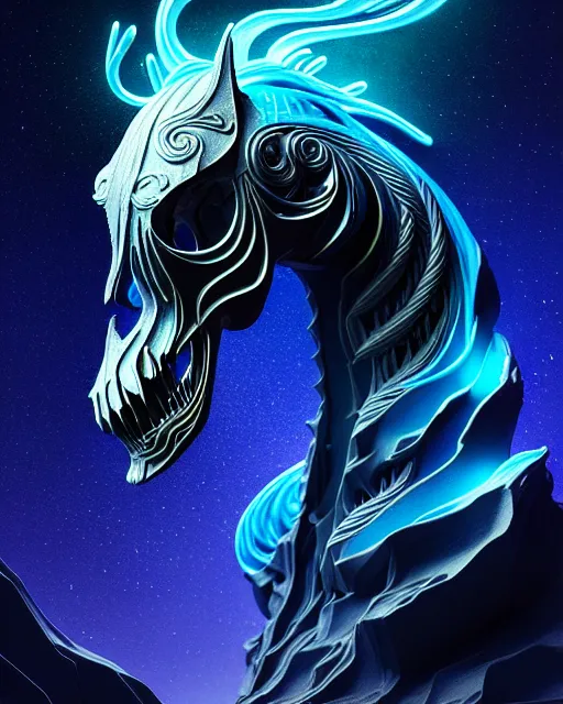 Image similar to 3 d ornate carved dark cosmic horse with profile portrait, sigma 5 0 0 mm f / 5. beautiful intricate highly detailed horse skull. bioluminescent, plasma, lava, ice, water, wind, creature, thunderstorm! artwork by tooth wu and wlop and beeple and greg rutkowski, 8 k trending on artstation