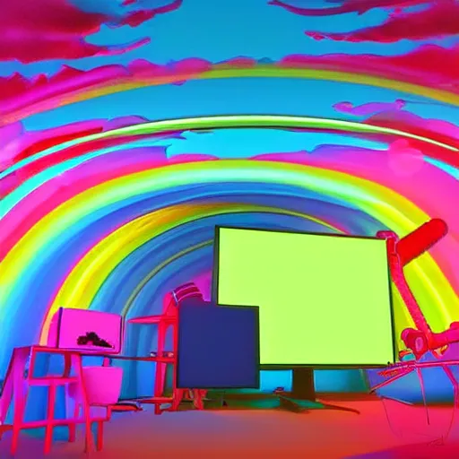 Prompt: 3D Dr. Suess environment in a blacklight laboratory with a scientist experimenting with box TVs and rainbows. beautiful lighting. highly detailed digital art. trending on Behance.