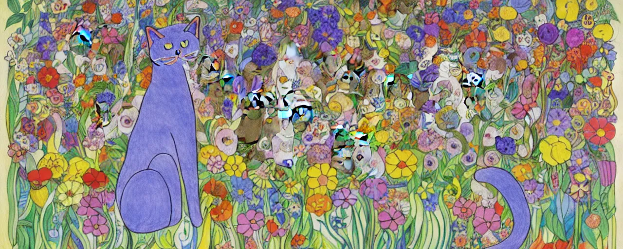 Image similar to cat playing in a garden of flowers, a mix media painting by laurel burch and Leonardo da Vinci and Natalia Goncharova, cluttered , child's drawing, art by Studio Ghibli, anime, thick black lineart