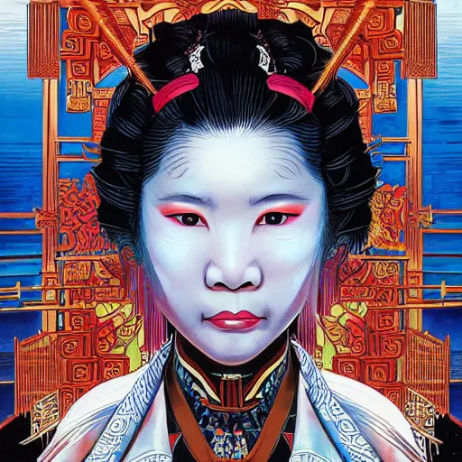 Image similar to portrait of miao yin from big trouble in little china, symmetrical, by yoichi hatakenaka, masamune shirow, josan gonzales and dan mumford, ayami kojima, takato yamamoto, barclay shaw, karol bak, yukito kishiro