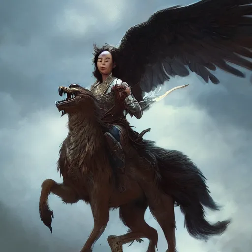 Prompt: asian woman holding an eagle on a horse chasing a wolf, greg rutkowski, fantasy, intricate, elegant, highly detailed, digital painting, artstation, concept art, long shot, cinematic lighting