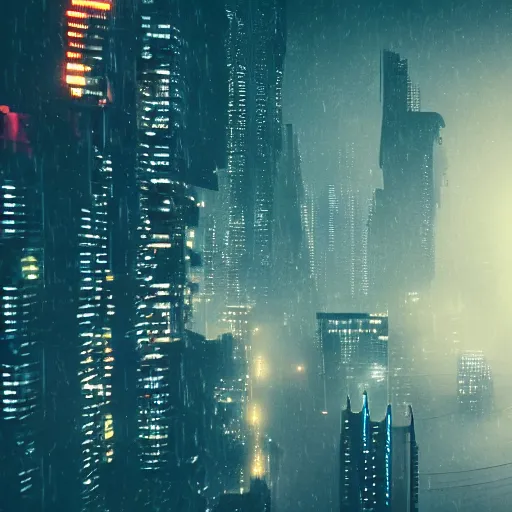 Image similar to blade runner, cyberpunk, futuristic, drones in the sky, sunrise, cold, rainy, sharp focus, view from the top of a big building, water at the ground, boats,